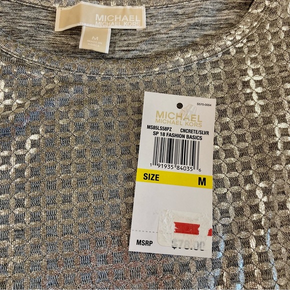 NWT Michael Kors Silver Metallic Silver Long Sleeve Cold Shoulder Pullover Top M - Picture 11 of 13